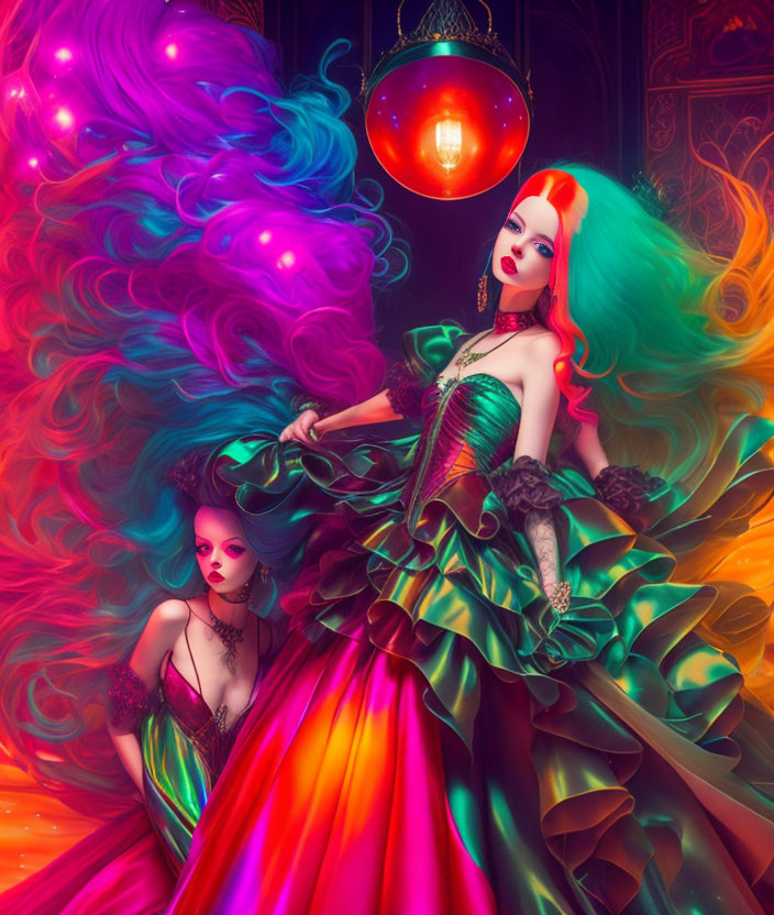Stylized women with colorful hair in flamboyant dresses in surreal setting