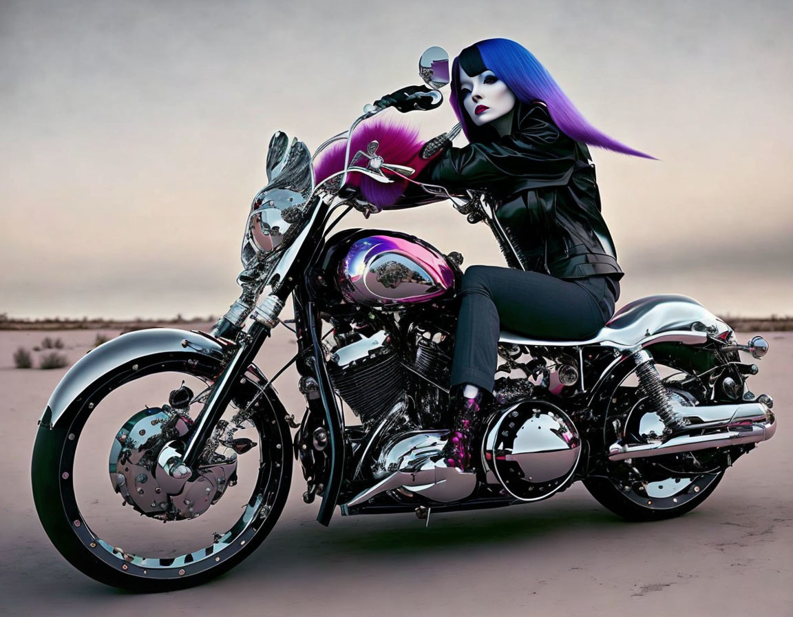Blue-haired person in black leather on custom purple-accented motorcycle at dusk