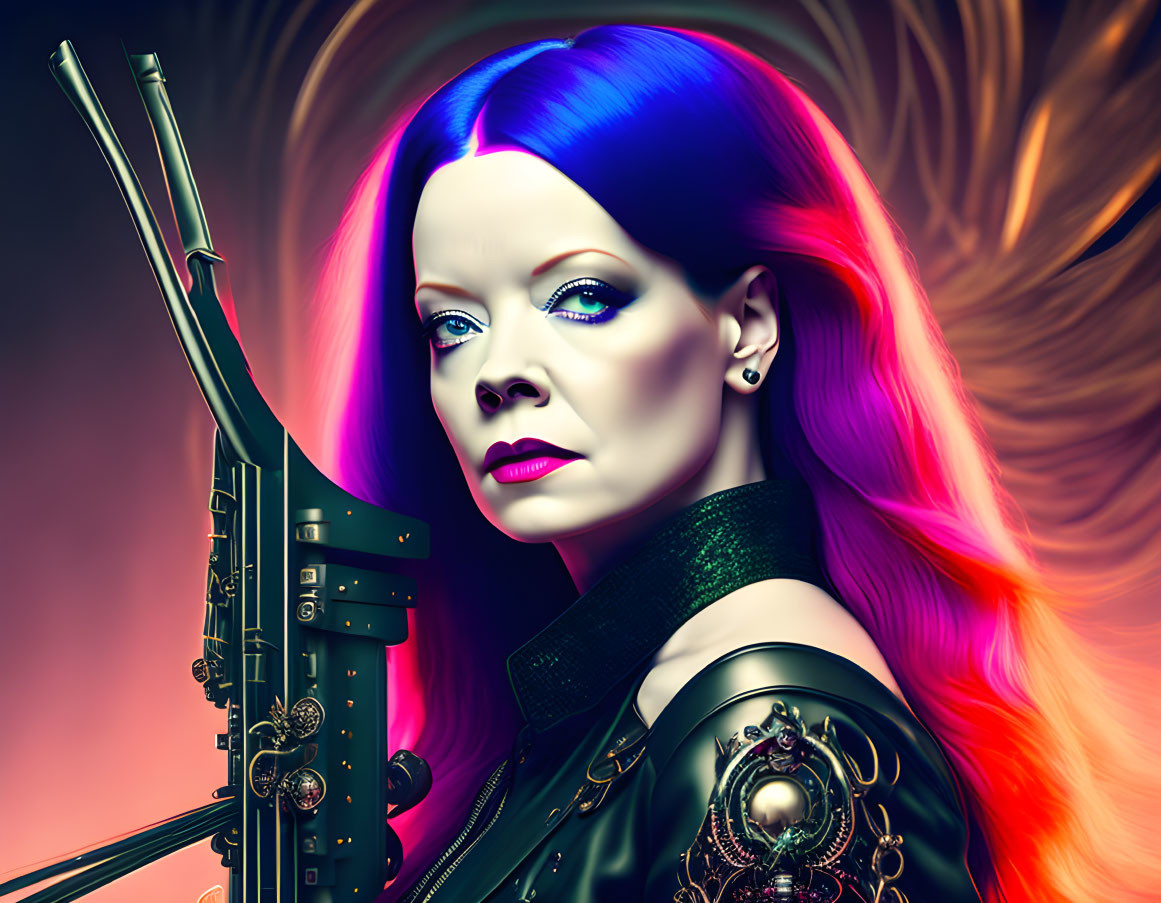 Colorful digital portrait of a woman with blue and pink hair holding a futuristic weapon on an amber backdrop