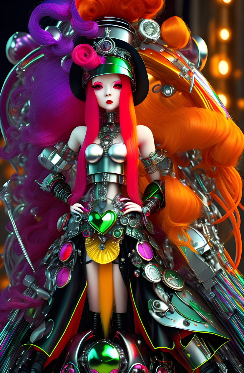 Colorful Female Character with Futuristic Armor & Mech-inspired Design