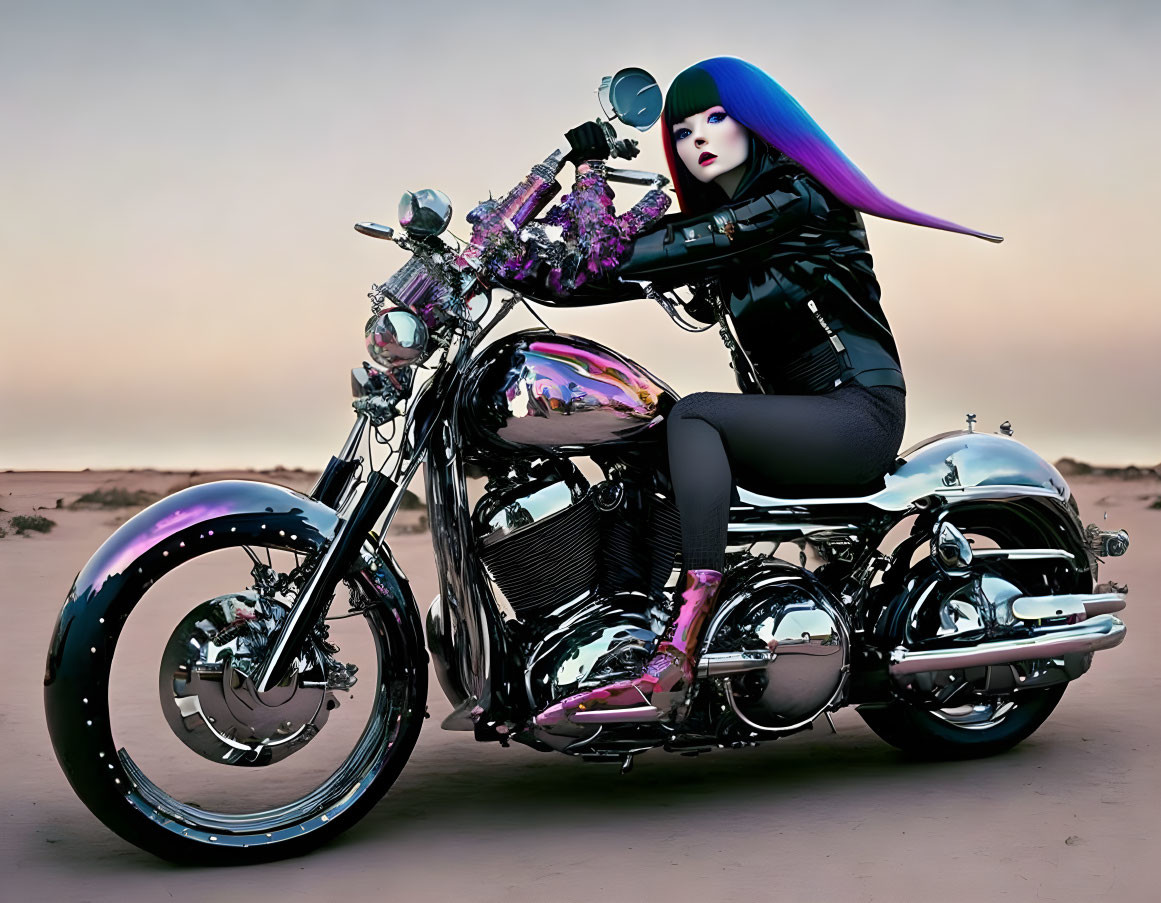 Blue-haired woman on chrome motorcycle in desert with purple highlights