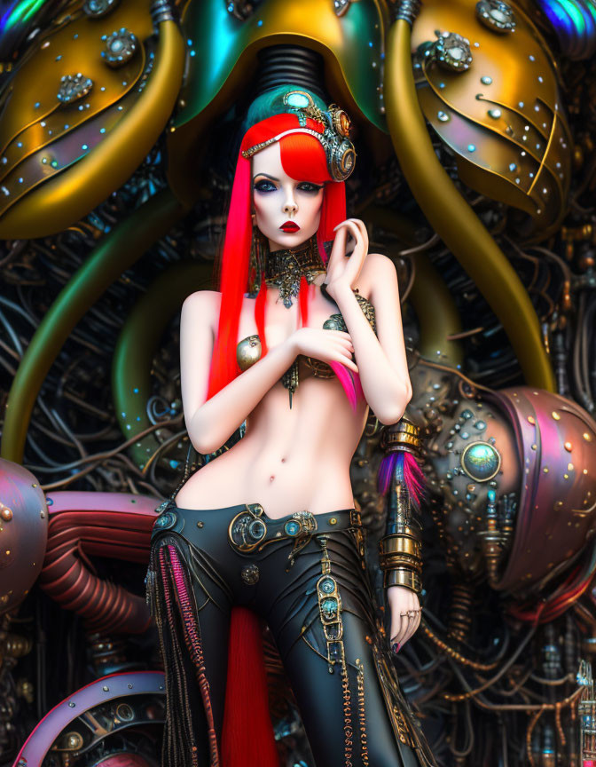 Vibrant digital art: Female character with red hair in futuristic attire and avant-garde makeup against
