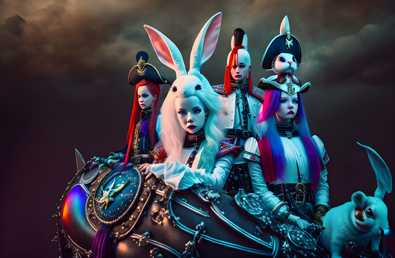 Fantasy setting with stylized rabbit characters in colorful uniforms