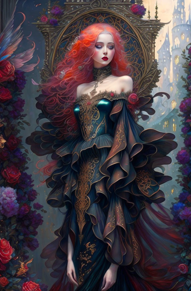 Digital painting of woman with red hair in blue and brown dress against rose backdrop and fantasy castle.