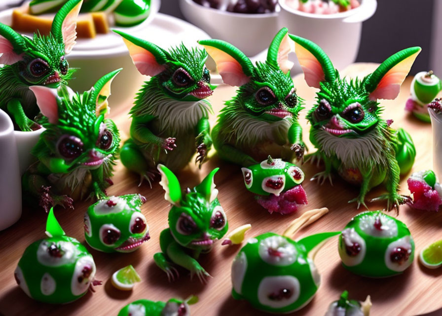Small green fantasy creatures with big ears and sharp teeth near sliced fruit on table