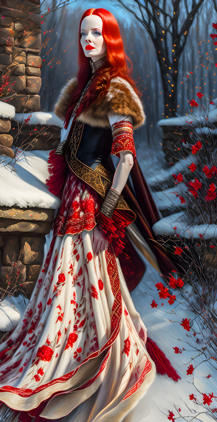 Red-haired woman in white dress and fur wrap in snowy landscape