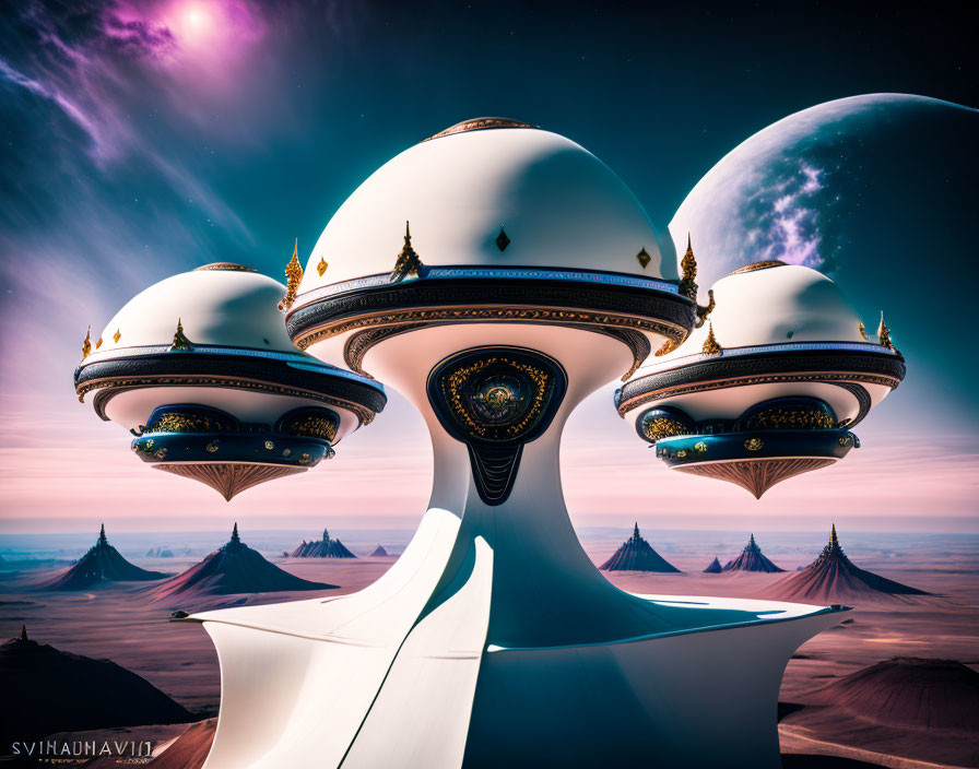 Futuristic dome-like structure with gold accents in surreal desert landscape