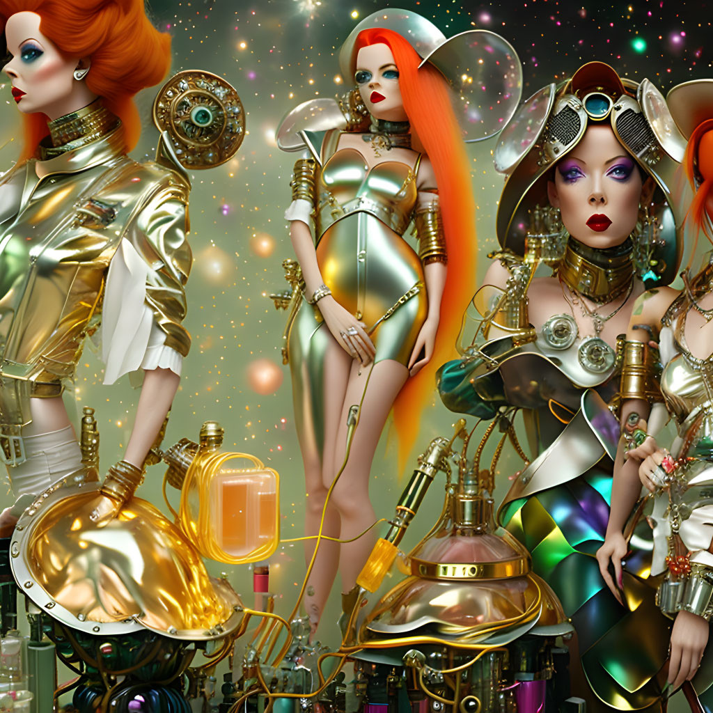 Stylized futuristic female figures in golden tones with complex machinery background