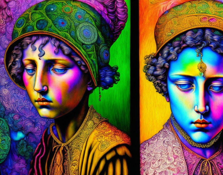 Colorful digital artwork featuring classical figures in modern psychedelic style