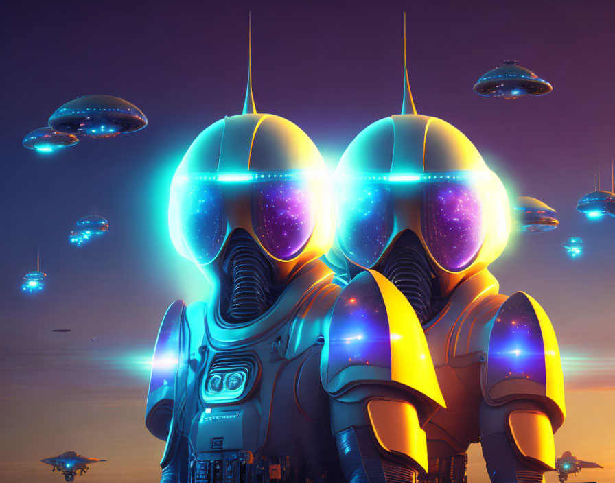 Futuristic robots with visor helmets observing alien ships in vibrant sunset