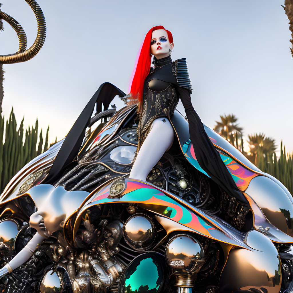 Red-haired person in black futuristic attire on reflective motorcycle in desert landscape