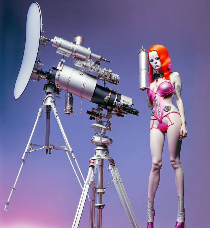 Red-haired female android beside complex telescope on tripod in futuristic setting.