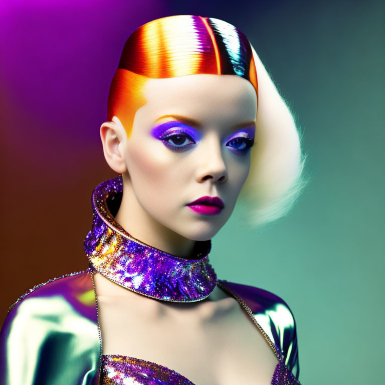 Futuristic metallic sheen hairstyle with vibrant colors and sleek bob cut