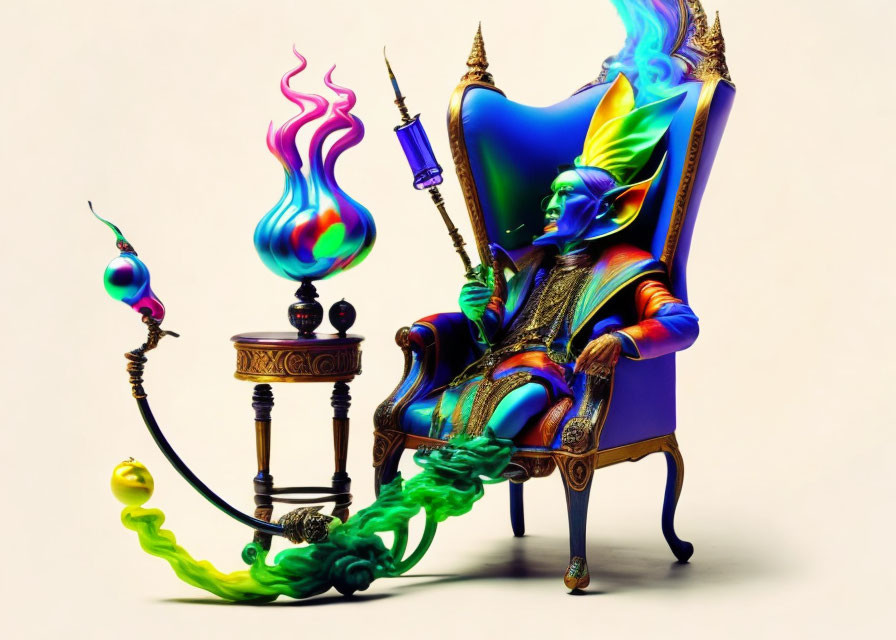 Whimsical artwork of elfin character on throne with vibrant elements