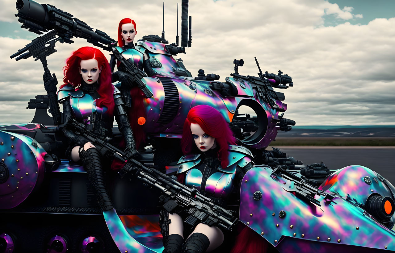 Futuristic female characters in iridescent armor with advanced weaponry pose against moody sky.