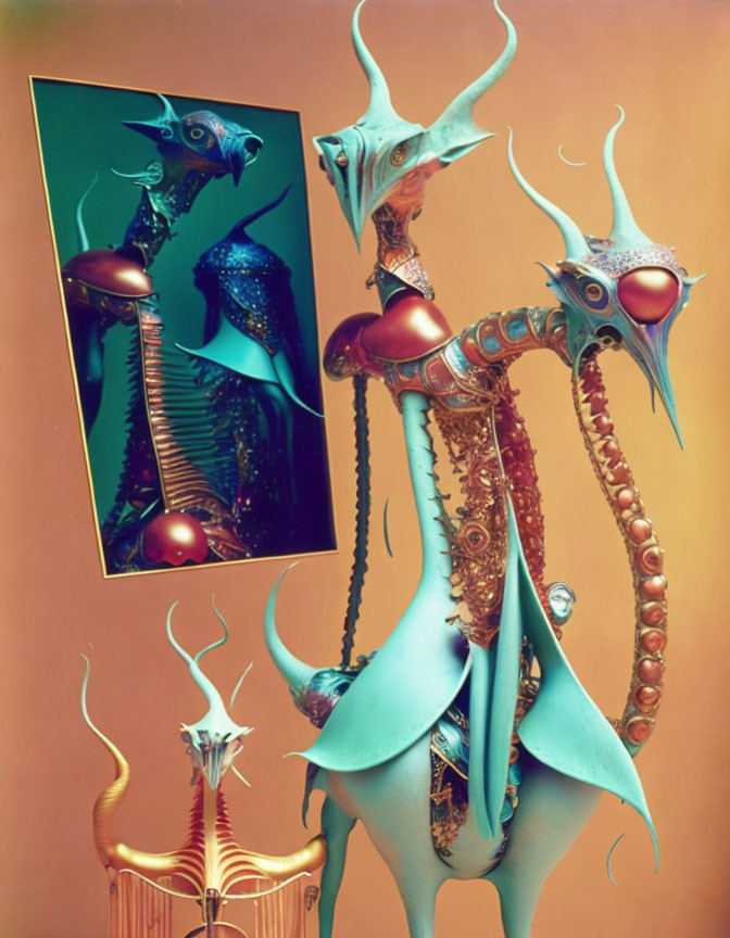 Surreal artwork: Elongated alien figures in ornate costumes with mirror.