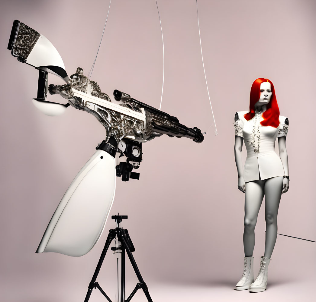 Surreal image of humanoid figure with red hair and crossbow