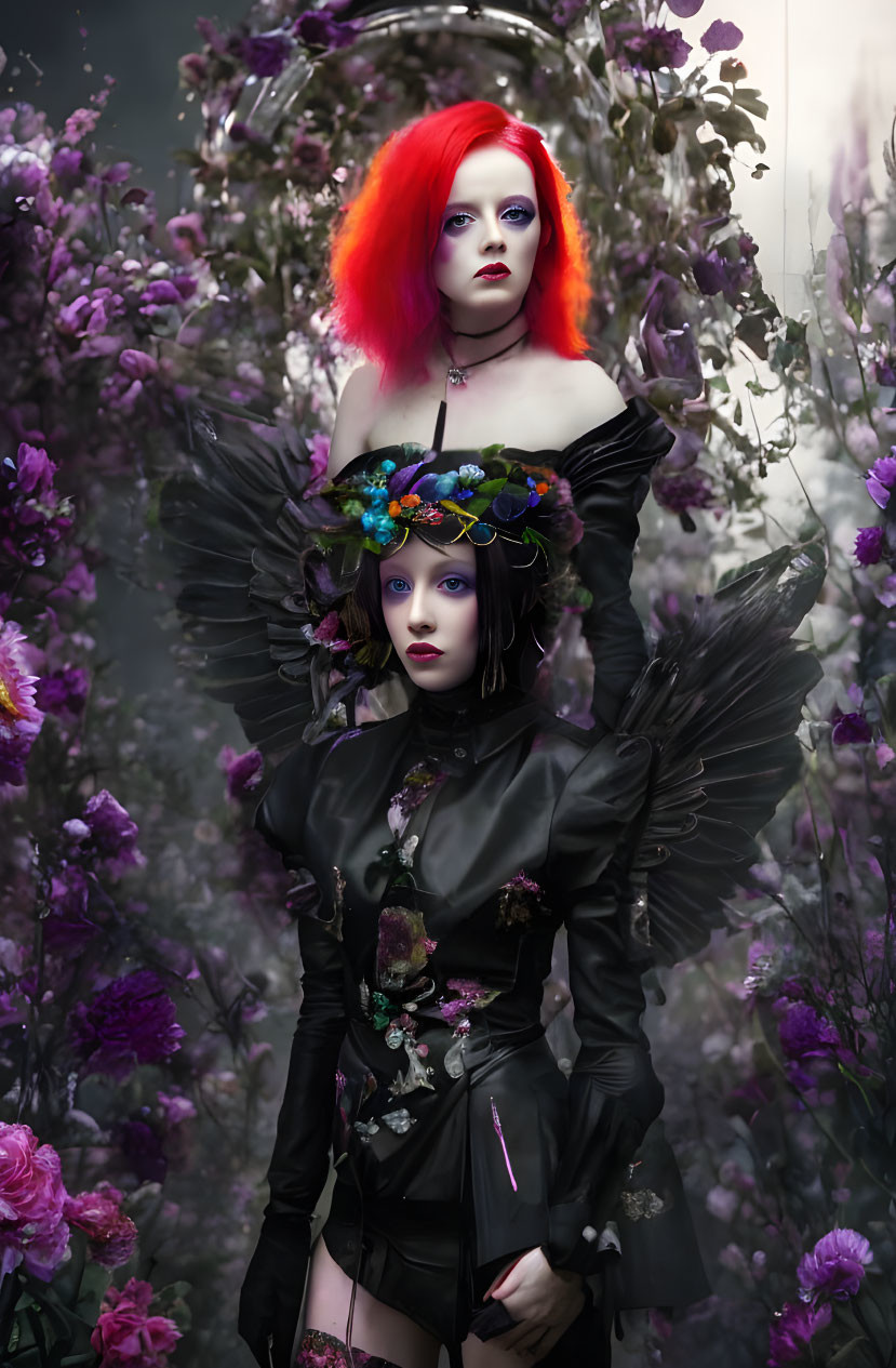 Gothic individuals with angel wings in purple flower setting