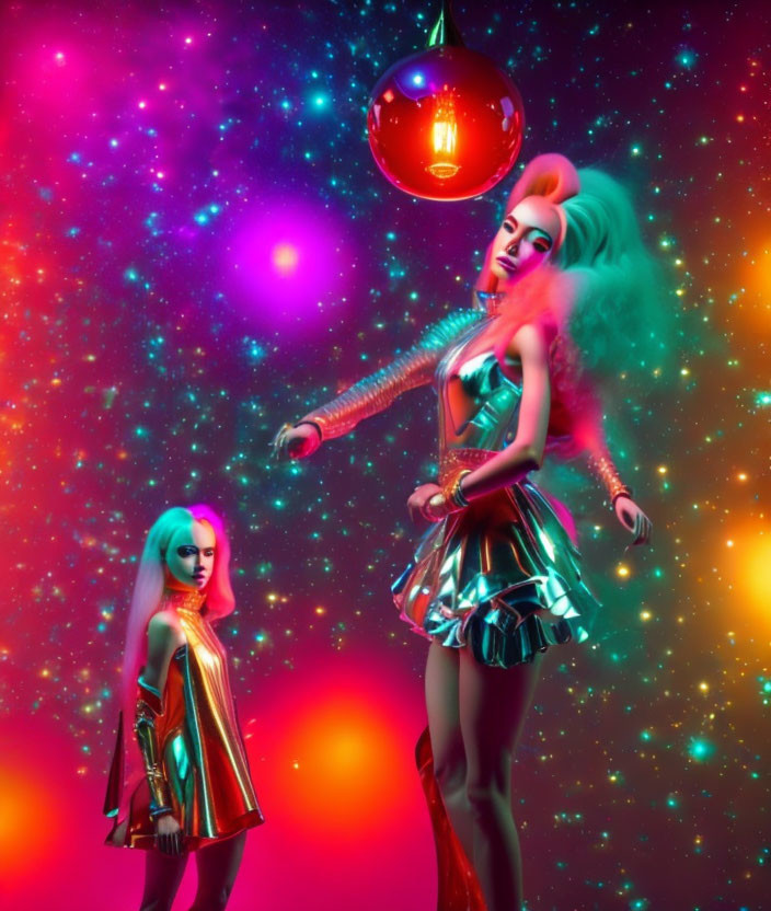 Stylized women in metallic outfits under colorful lights