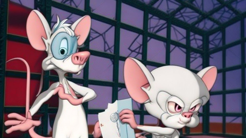 Two animated mice in front of grid window in industrial setting