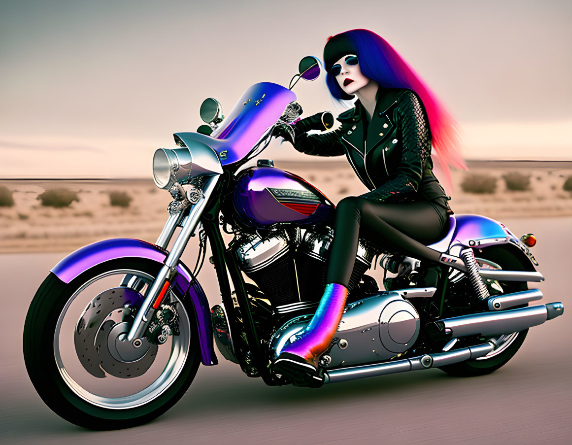 Digital Artwork: Woman with Blue Hair on Motorcycle in Purple Desert