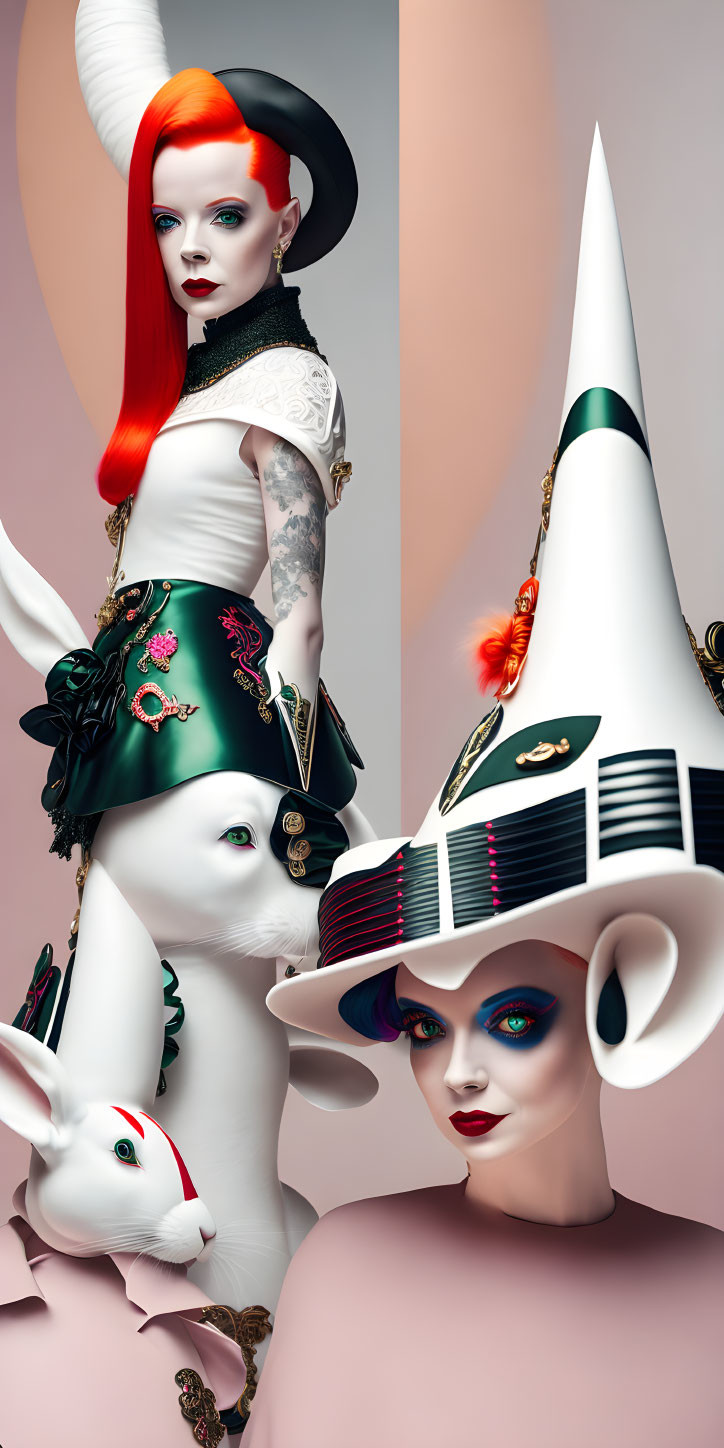 Surreal fashion art: Stylized women, bright hair colors, and white rabbit in avant