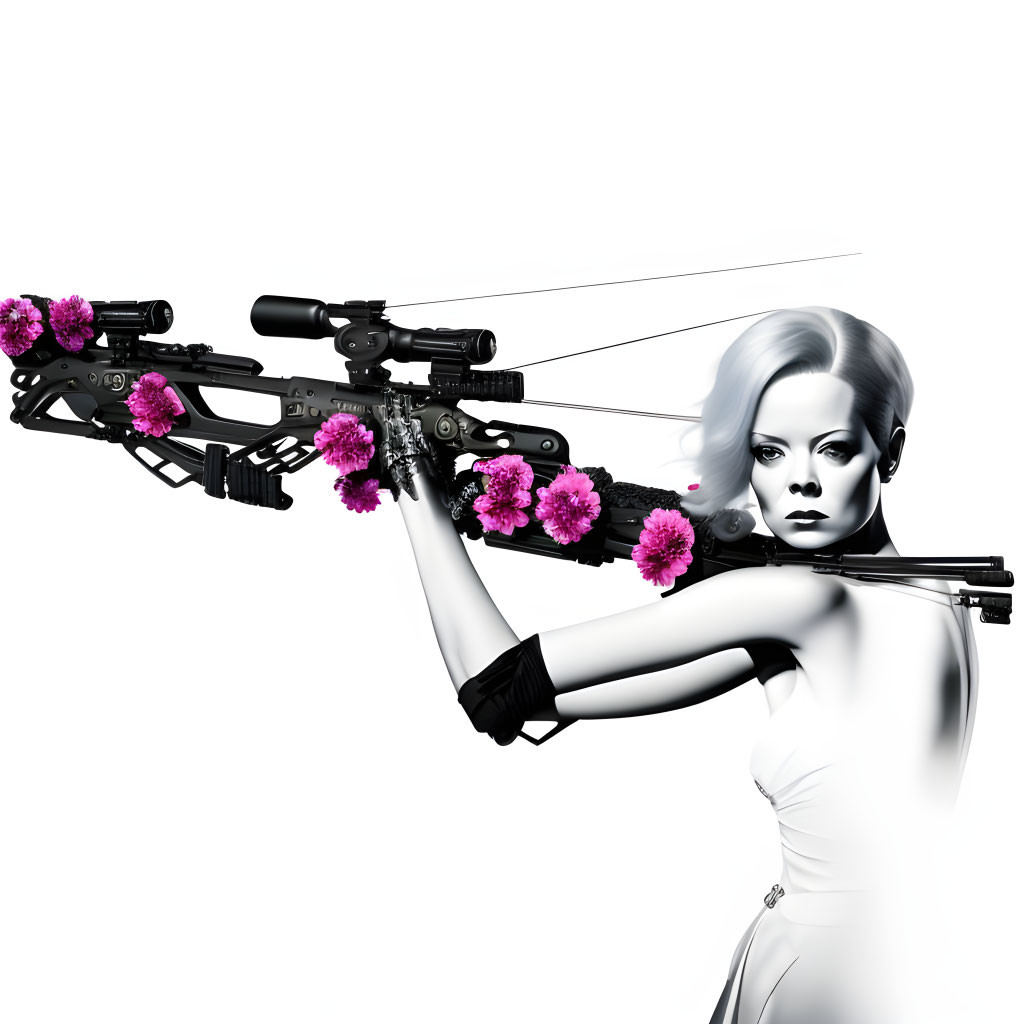 Monochrome image of woman with floral crossbow on white background