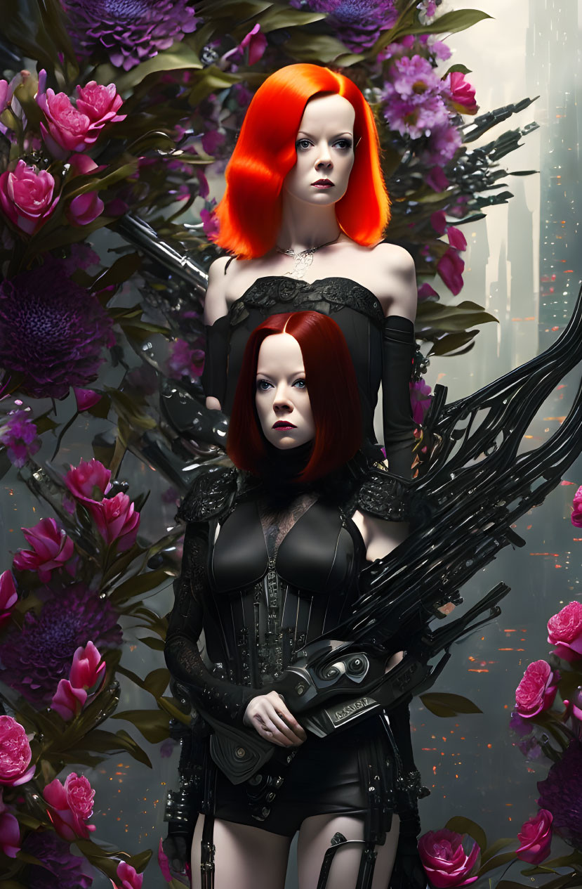Two women with vibrant red hair in black outfits among lush flowers.