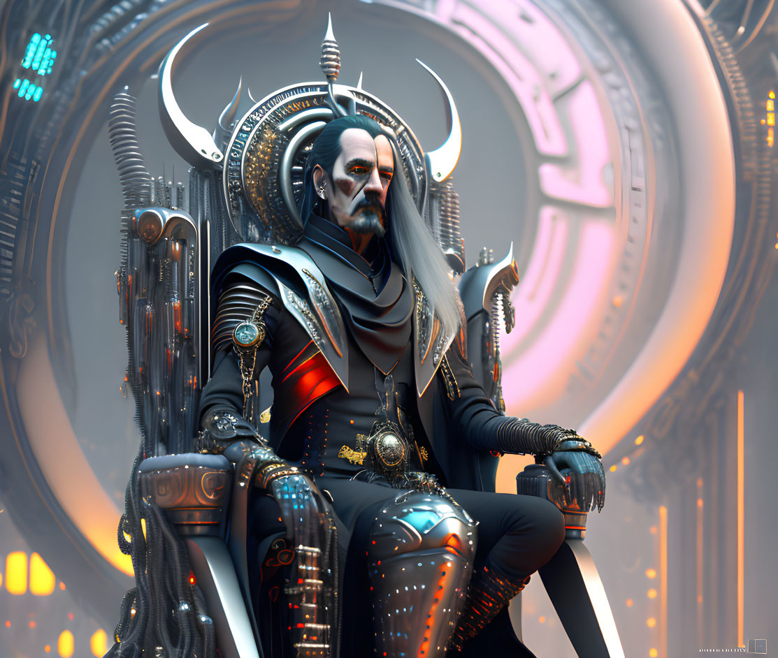 Dark-haired figure on futuristic throne with pale skin and spikes, surrounded by advanced circular structures