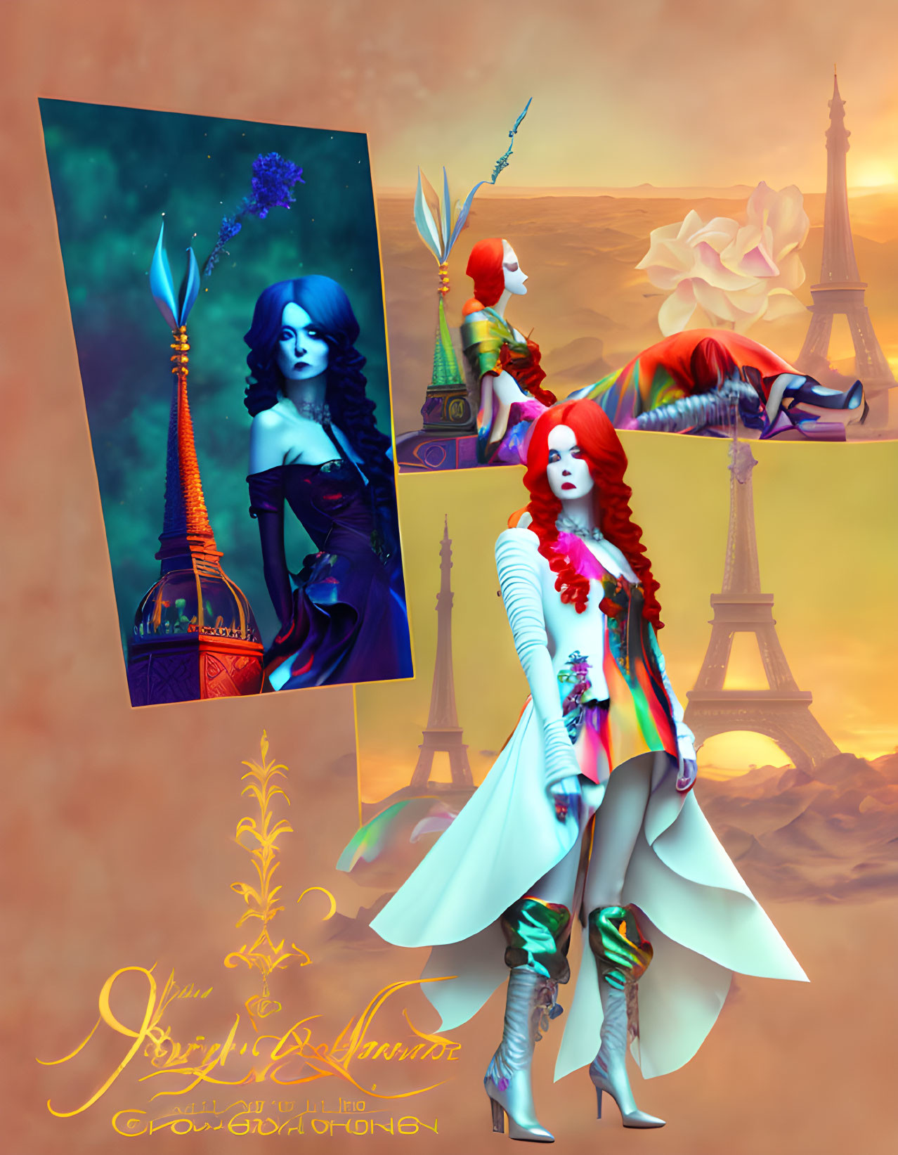 Vibrant surreal artwork: Two women with colorful hair and intricate outfits posing amid floating Eiffel