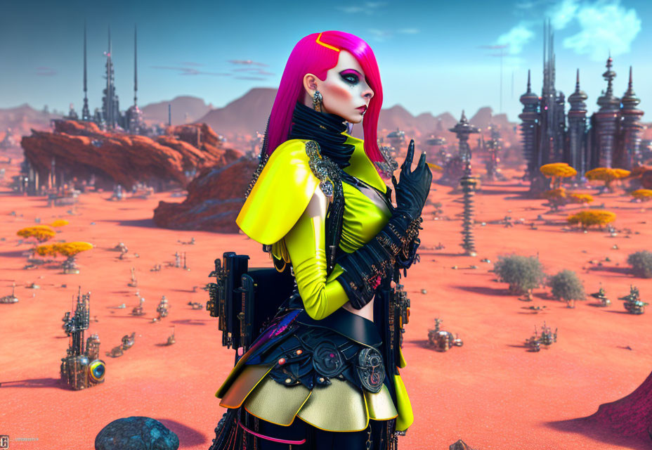Futuristic female character with pink hair in sci-fi armor in desert landscape