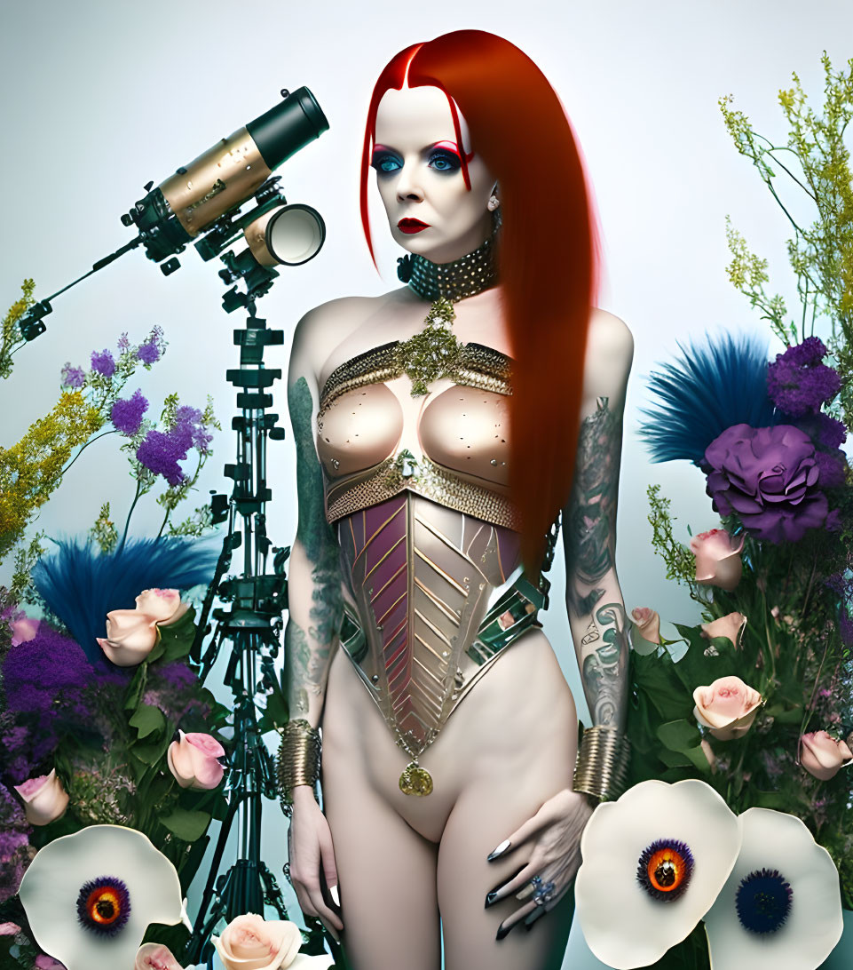 Portrait of a person with red hair, elaborate makeup, metallic corset, flowers, and telescope.