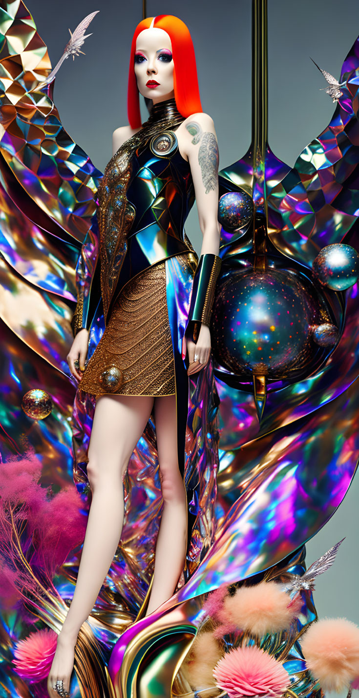 Red-haired woman in futuristic attire with metallic arm and tattoos on vibrant abstract background