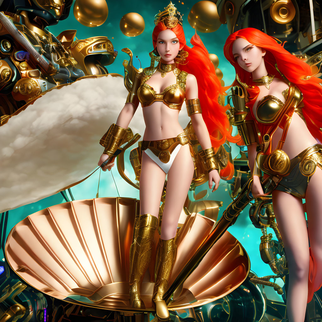 Red-haired female warriors in gold armor with spear, surrounded by mechanical parts and golden orbs