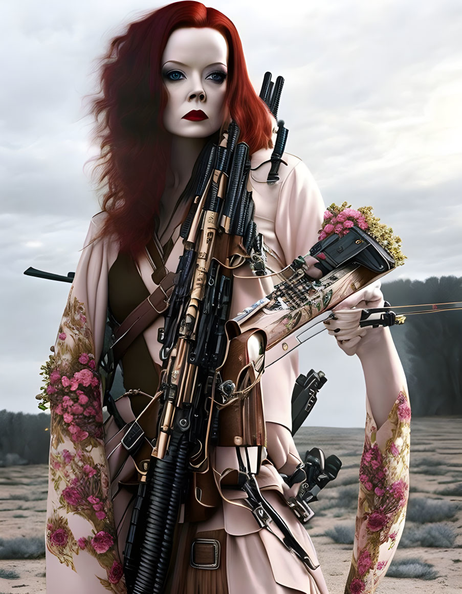 Red-haired woman with camouflaged rifle in floral coat against muted landscape