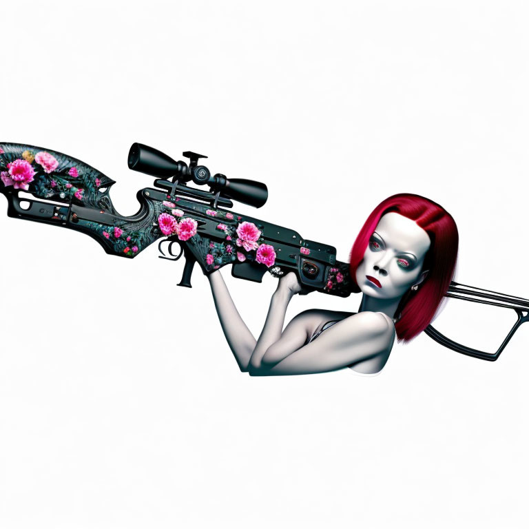 Surreal red-haired figure with floral sniper rifle on white background