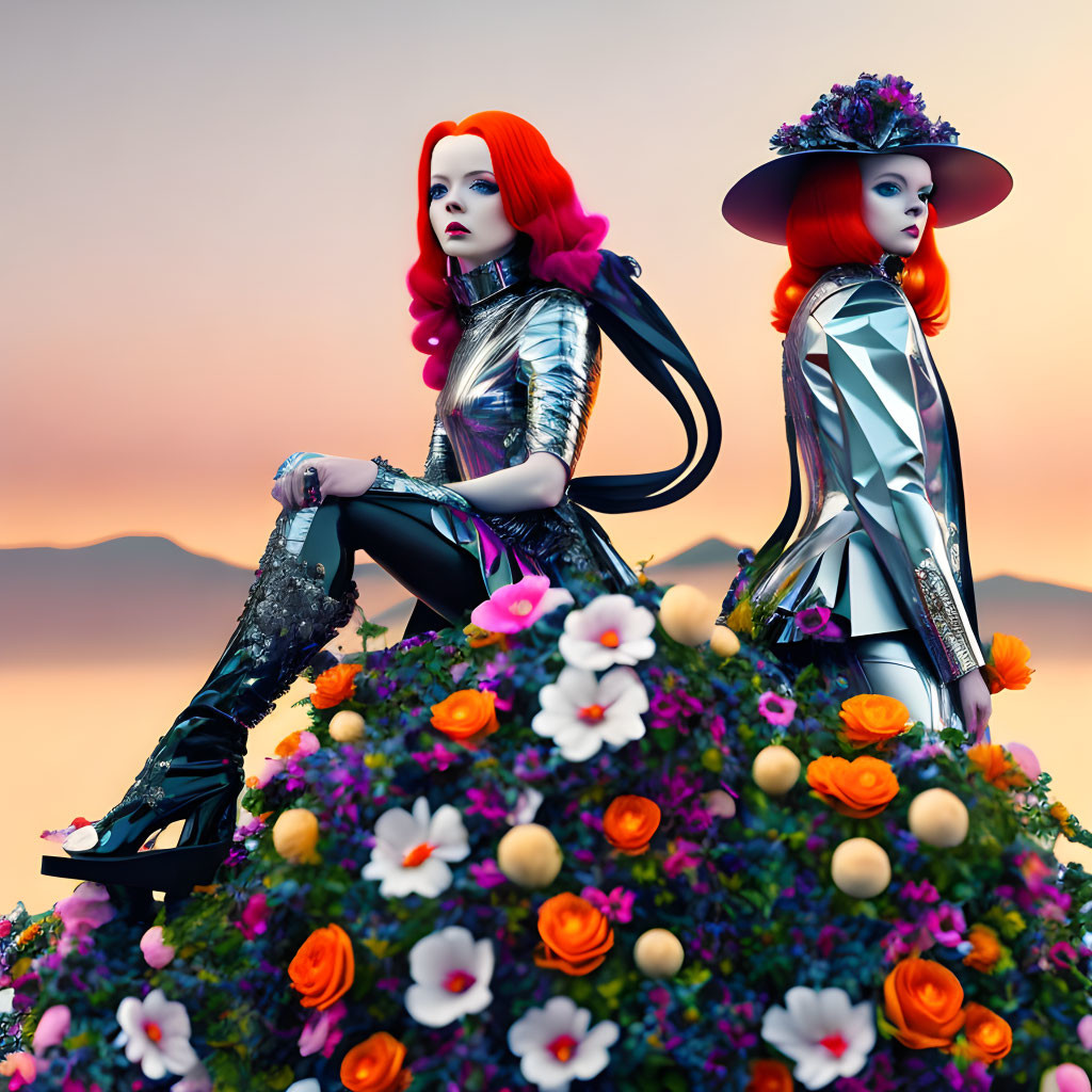 Two Women in Red Hair and Silver Outfits Pose with Sunset and Flower Bush