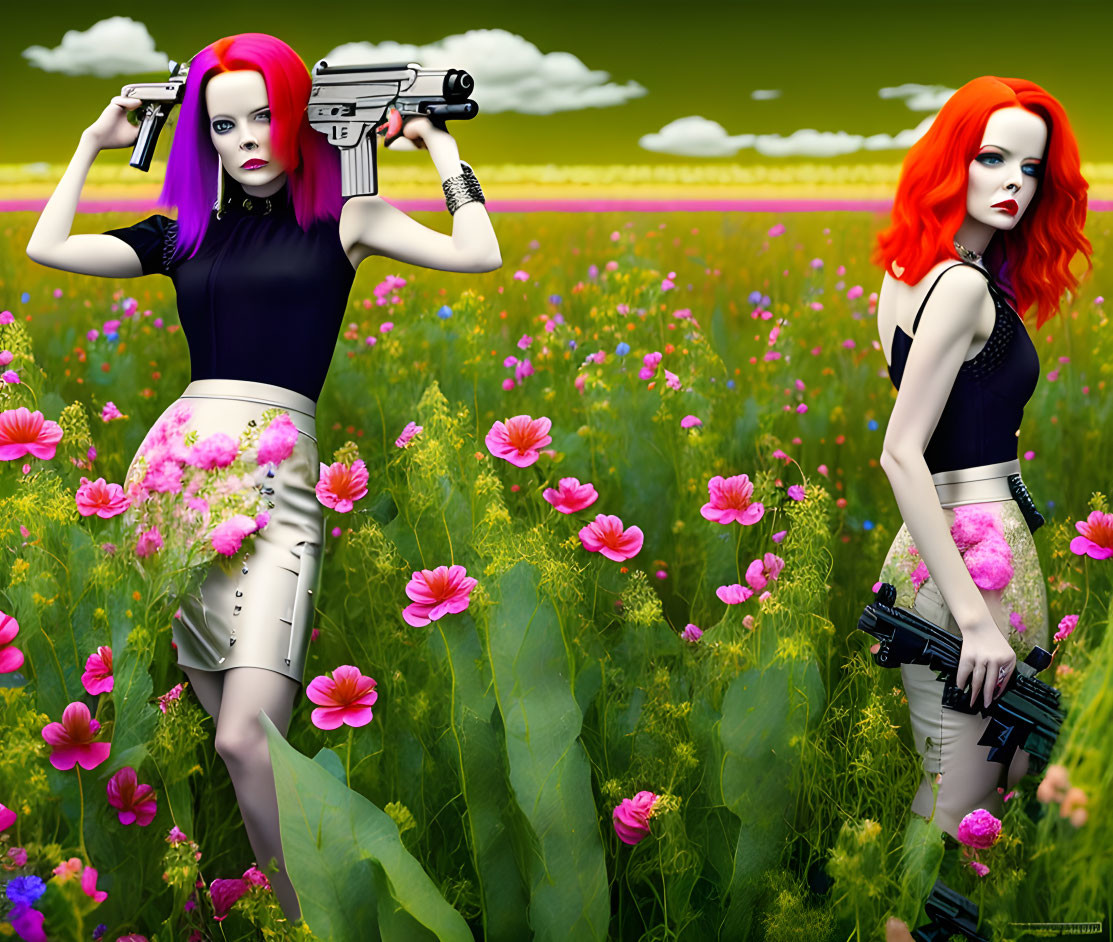 Stylized women with vibrant hair and futuristic weapons in pink flower field
