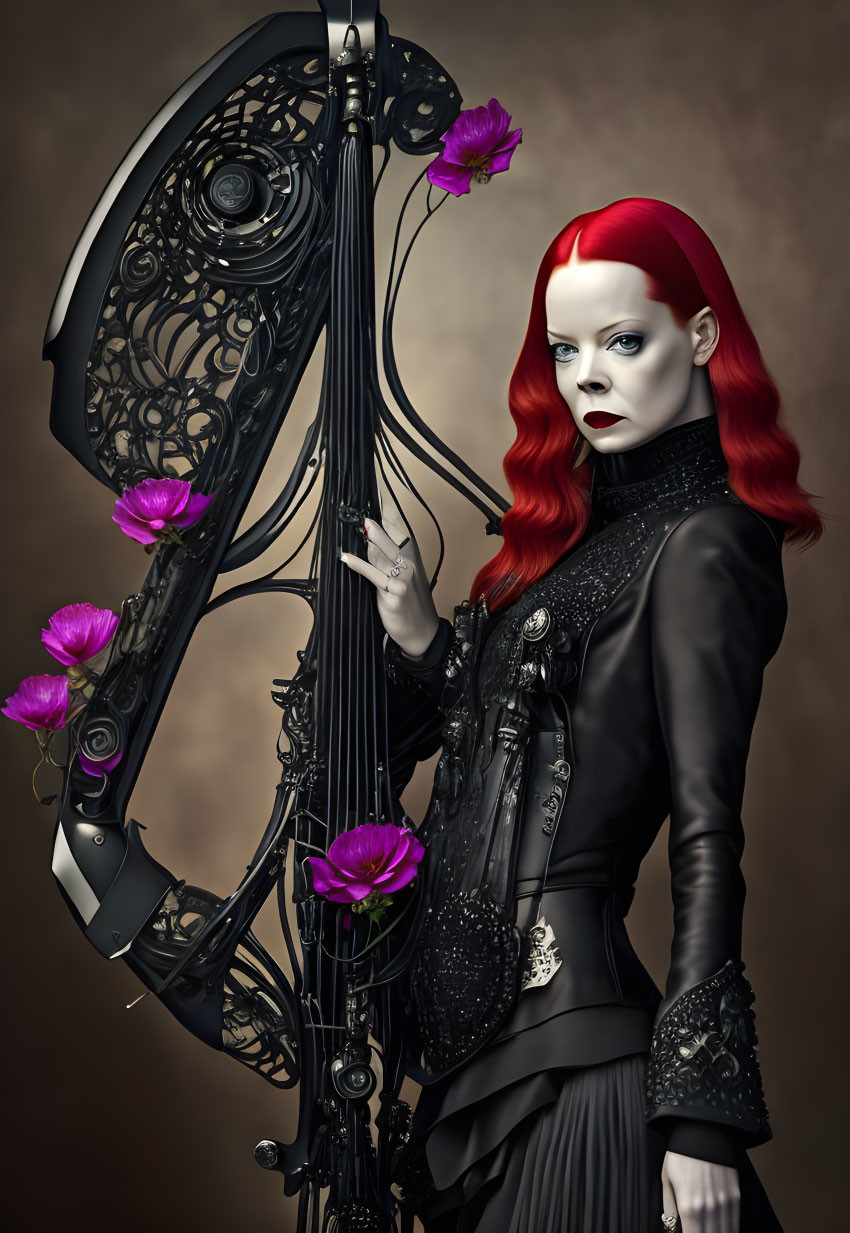 Red-haired woman in gothic attire next to wrought-iron structure with purple flowers