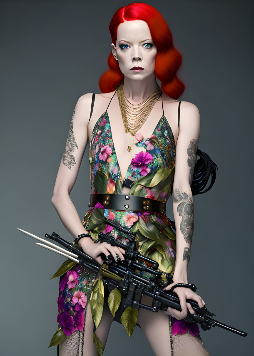 Red-haired woman with tattoos holding a rifle in floral dress and gold necklaces