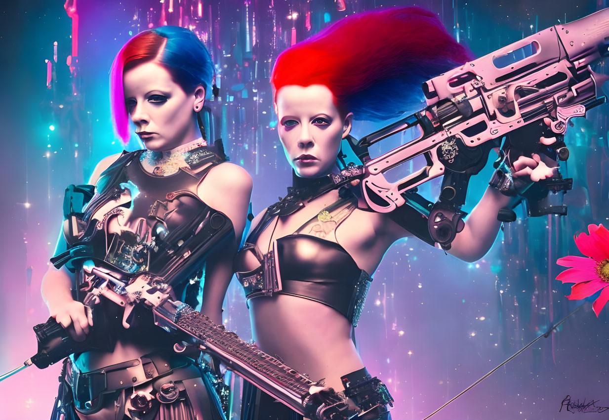 Two Women with Bold Blue and Red Hairstyles in Futuristic Attire and Large Guns Back-to-