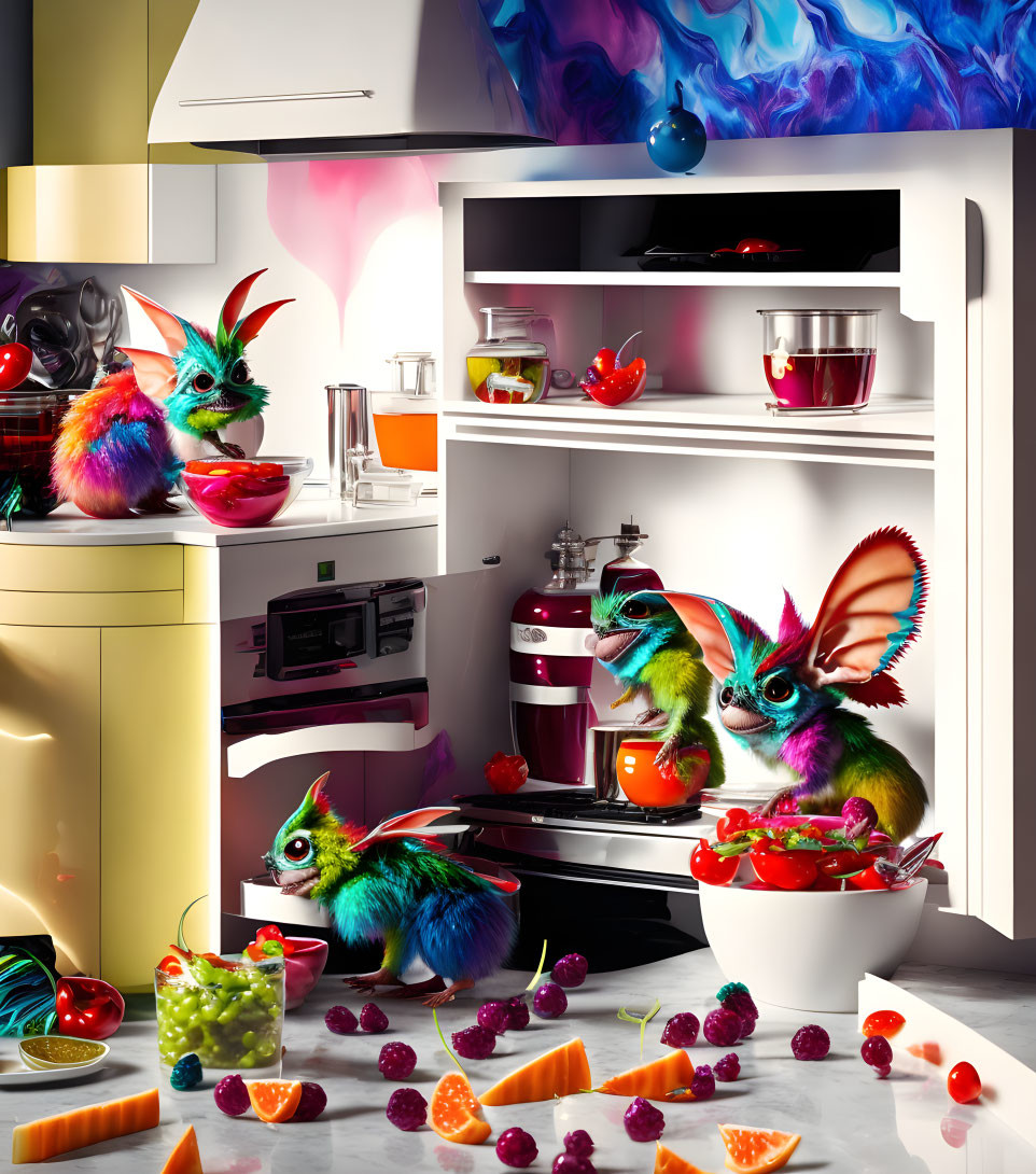 Colorful winged creatures cooking in modern kitchen with fruits and cookware.