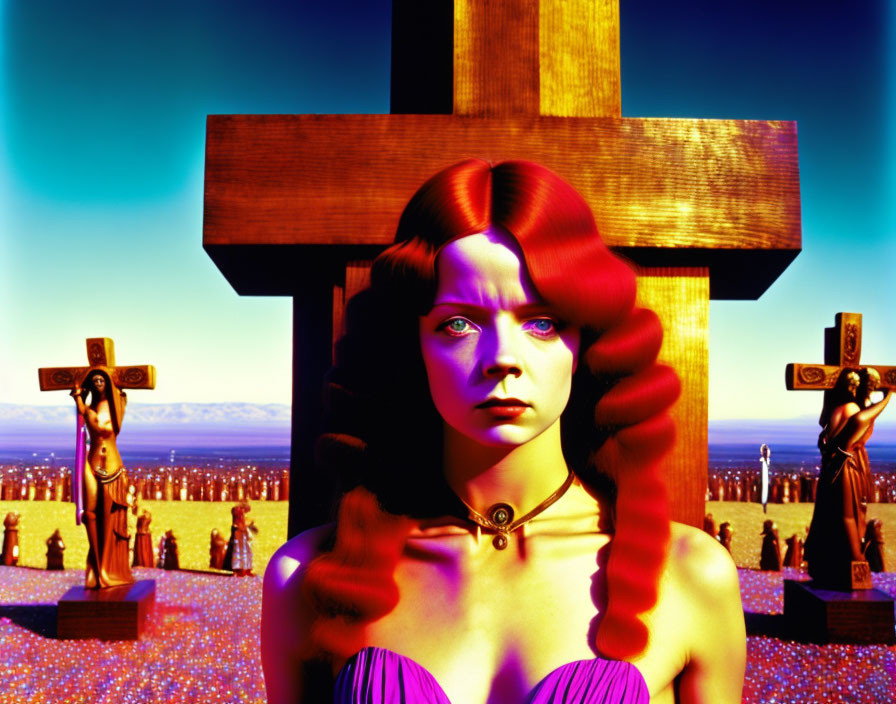 Illustration of person with red hair in purple dress surrounded by surreal crosses under sunset sky
