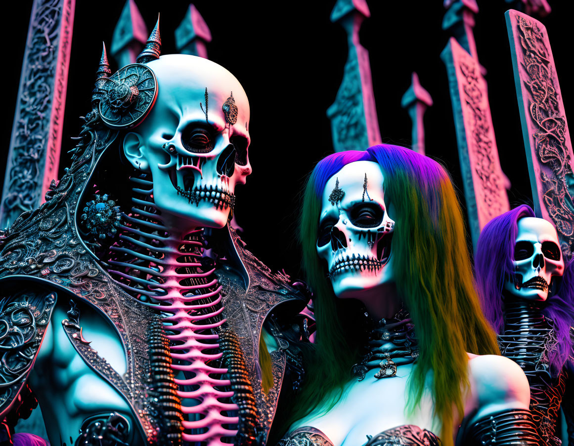 Three individuals in elaborate skull makeup and costumes with vibrant colors and gothic aesthetic.
