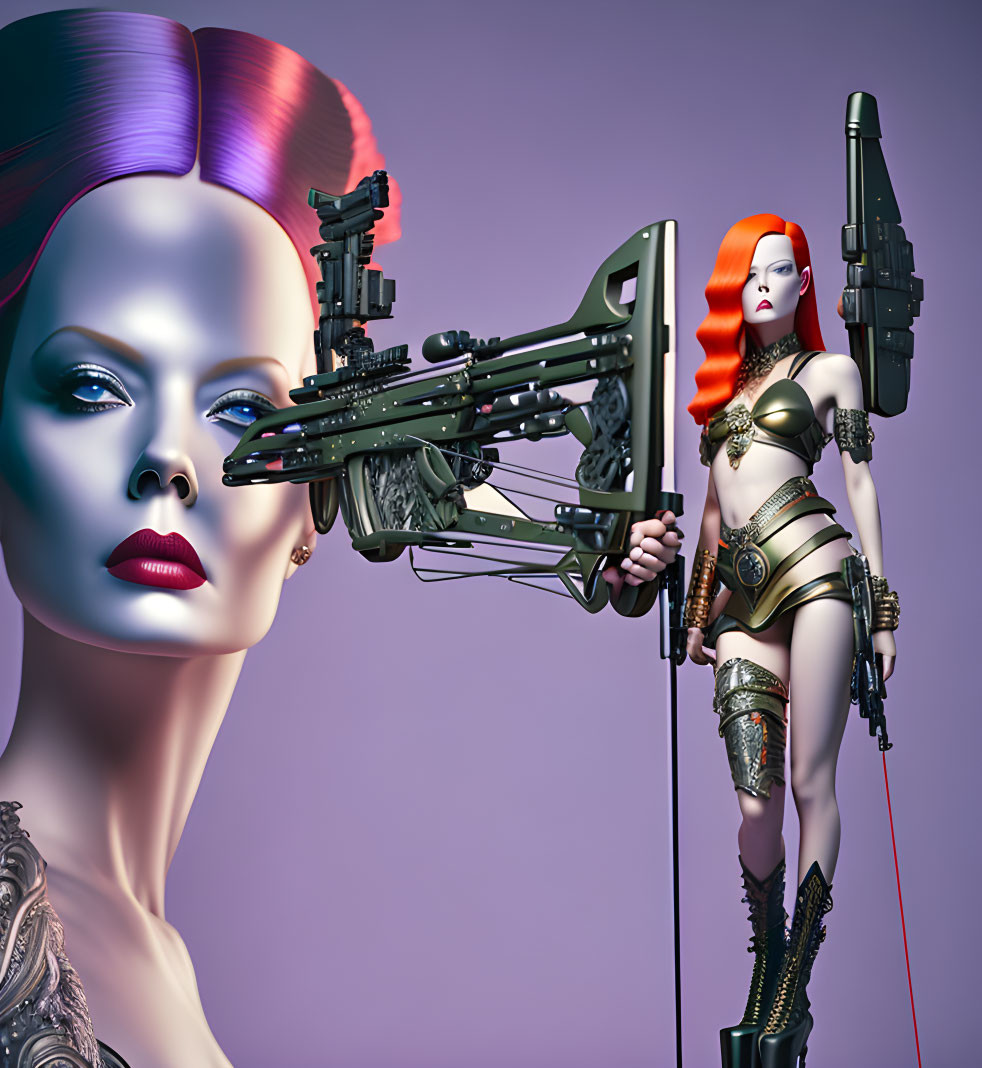 Futuristic image of two stylized women with robotic arm and warrior attire