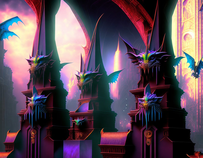 Fantasy scene with ornate dragon statues in purple-hued city