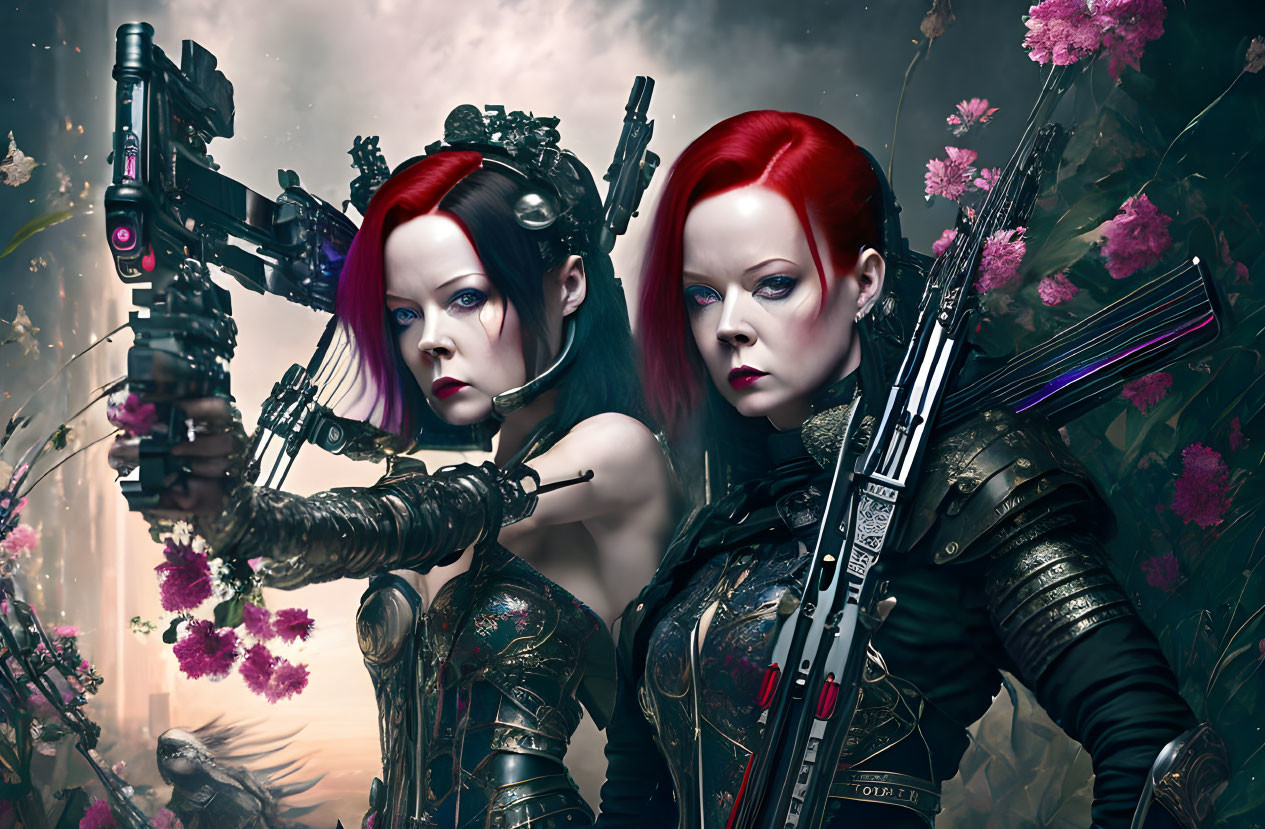 Two red-haired female warriors in futuristic armor with high-tech weapons among blooming flowers