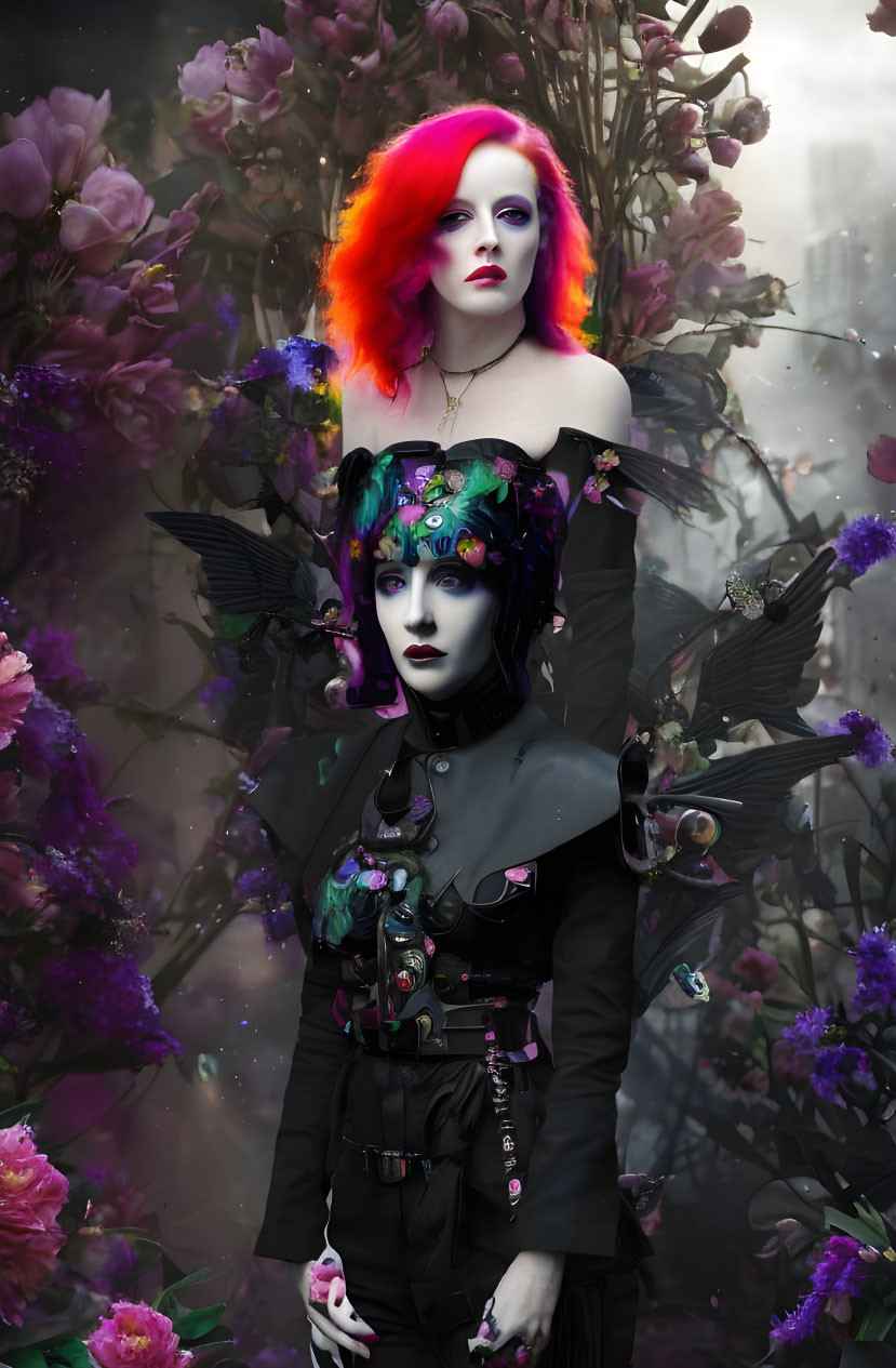 Collaborative art portrait featuring vibrant red and orange hair with floral mannequin in dark setting