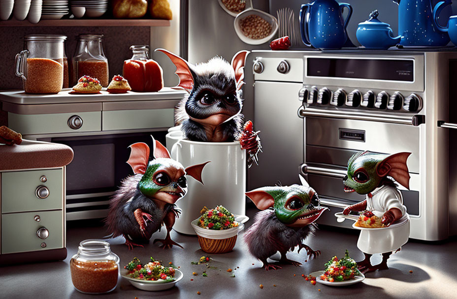 Animated gremlins causing chaos in a messy kitchen scene.
