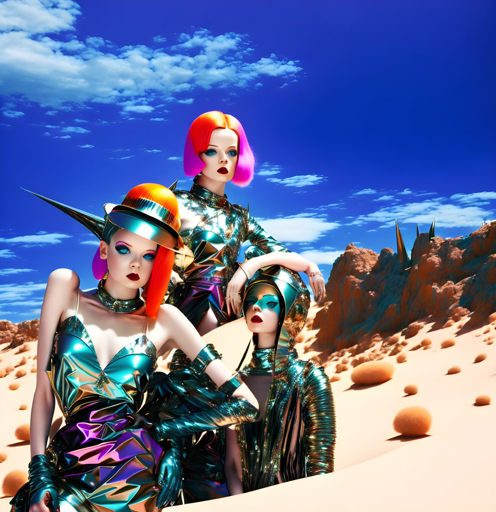 Vivid Hair and Metallic Clothing Fashion Models in Surreal Desert Landscape